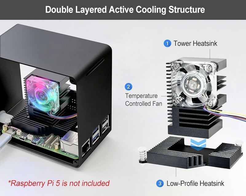 ElectroCookie Raspberry Pi 5 Case, Aluminum Mini Tower Case with Cooling Fan and Color Changing Ambient Light (Black) - Image 2